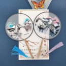 Double Sided Embroidered Long Handle Round Fan