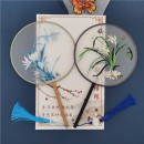 Double Sided Embroidered Long Handle Round Fan